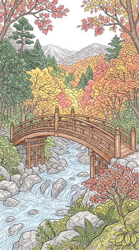 紅葉の橋のぬりえ ぬりあがりイメージ