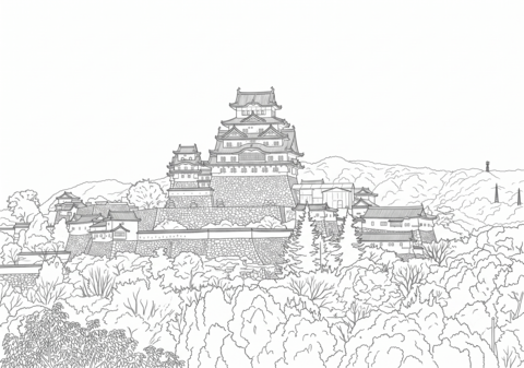 姫路城と紅葉のぬりえ 無料印刷