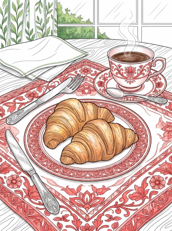 クロワッサンとコーヒーのぬりえ ぬりあがりイメージ